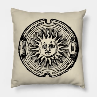 celestial grumpy sun with face line drawing vintage rays Pillow
