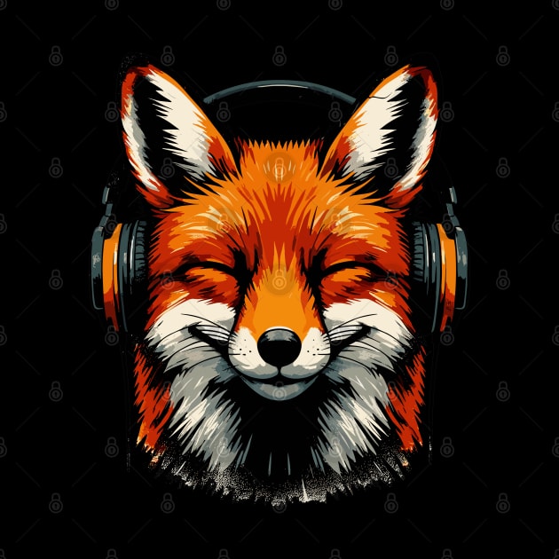 Funny Smiling musical fox wearing headphones by TomFrontierArt