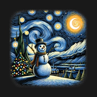 Van Gogh Starry Night Christmas Snowman Winter Snowy Night T-Shirt