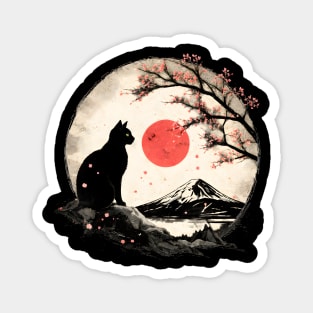 Cat Under Red Moon Sakura Night Magnet