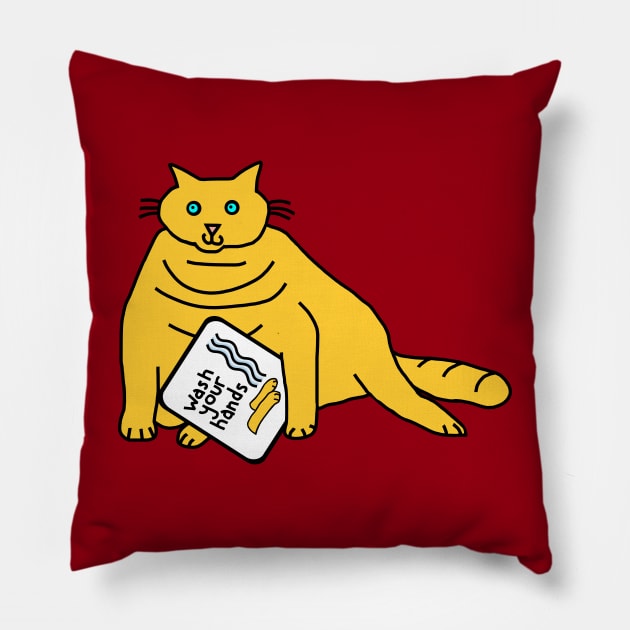 Yellow Cat Says Wash Your Hands Pillow by ellenhenryart