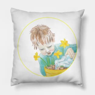 Boy With Daffodils Pillow