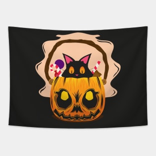 Cat in pumpkin with sweets on Halloween Tapestry