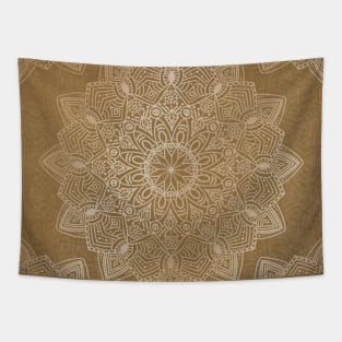 Beautiful hand drawn soft golden mandala on yellow ochre Tapestry