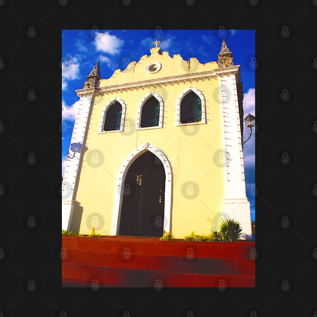 Yellow Church Chapel with lamps on the facade by Marccelus