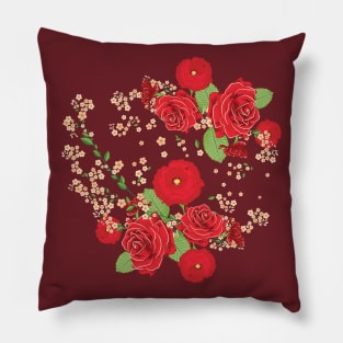 Red Roses and Poppies bouquet Pillow