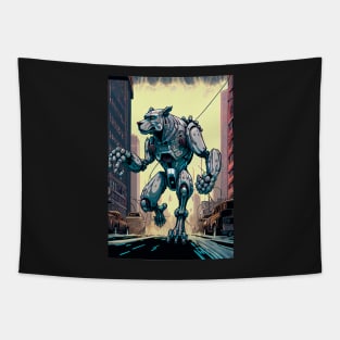 Monster giant robot cyborg dog attacking the city Tapestry