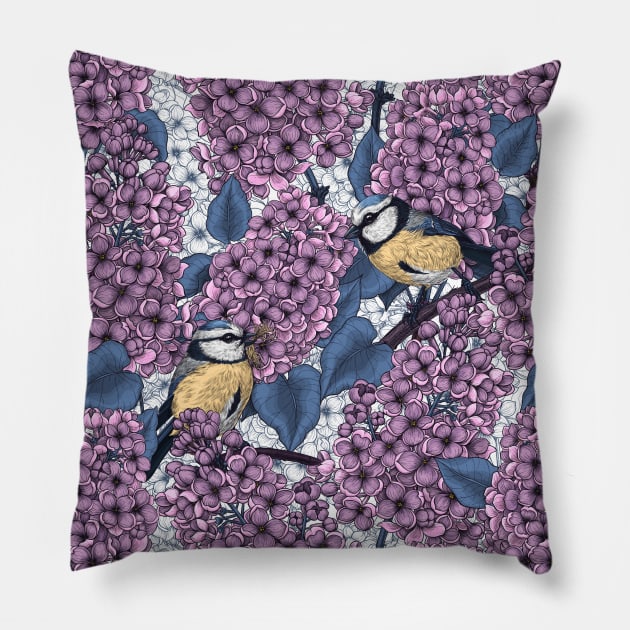 Tit birds in the lilac garden 1 Pillow by katerinamk