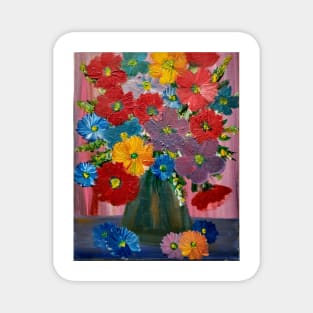 A beautiful bouquet of mixed flowers in a gold and turquoise vase Magnet