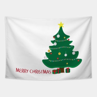 Decorated Christmas tree, Green and Red gifts and merry christmas greeting on white background Tapestry