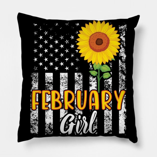 US Flag And Sunflower Happy Birthday February Girl Daughter Pillow by joandraelliot