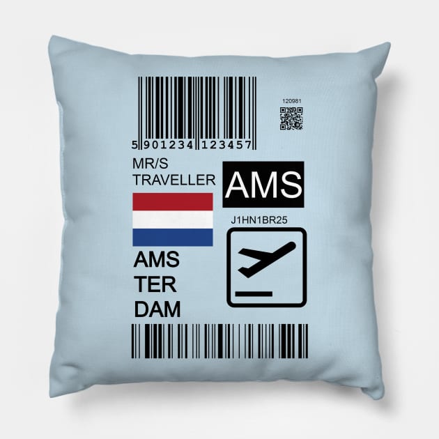 Amsterdam Netherlands travel ticket Pillow by Travellers