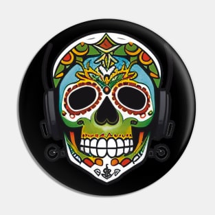 Traditional Flower Sugar Skull Art with Headphones Pin