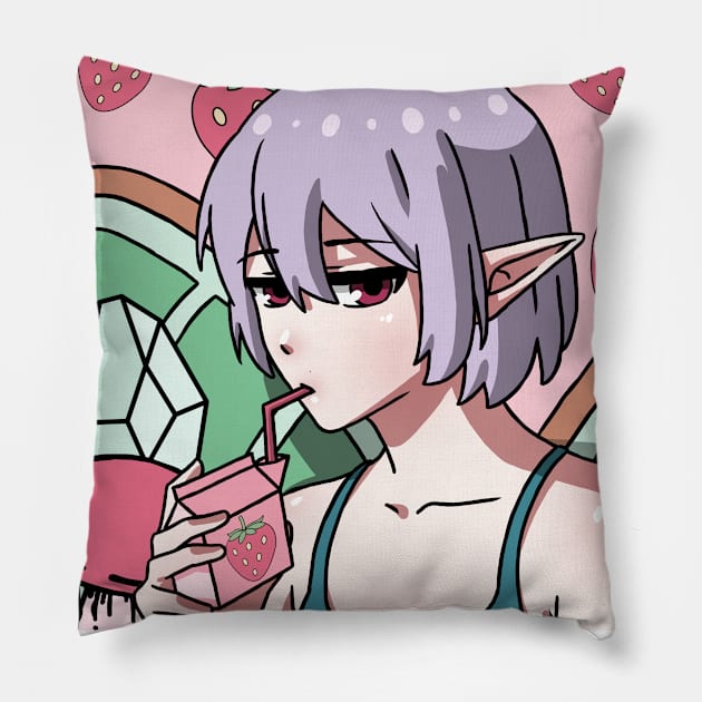 Fairycore Aesthetic Fairy Drinking Strawberry Milk Pillow by Alex21