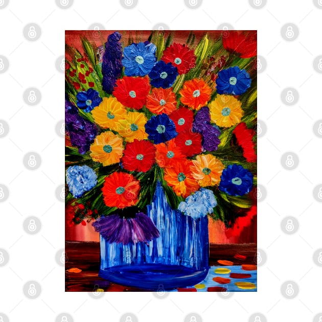 Beautiful floral paintings with abstract flowers in a blue vase by kkartwork