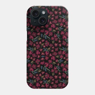 Dark red tiny watercolor flowers with leaves seamless pattern on black background Phone Case