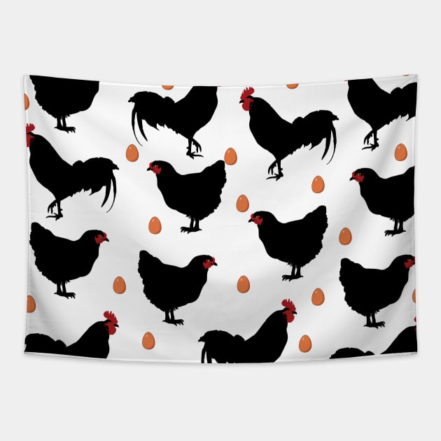 Chickens, cockerels and eggs on white Tapestry by ownedandloved