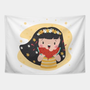 cute chubby girl having watermelon with water splash cute cartoon character design Tapestry