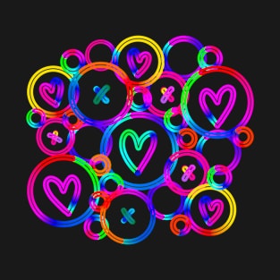 Funky neon rainbow gradient circles with hearts and x shapes T-Shirt