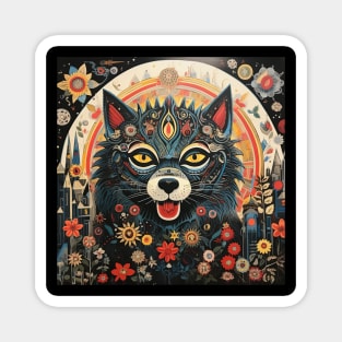 Surrealistic Folk Art Dark Floral Motif Wolf Design Magnet