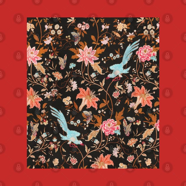 BLUE BIRDS,POMEGRANATE FLOWERS AND BUTTERFLIES Antique Red Brown Floral Pattern by BulganLumini