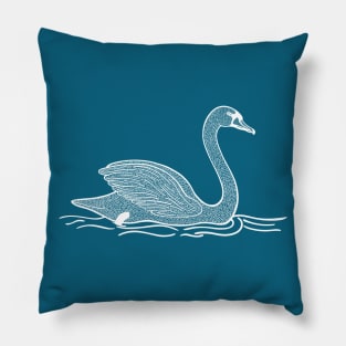 Swan Ink Art - detailed beautiful bird design - on blue Pillow