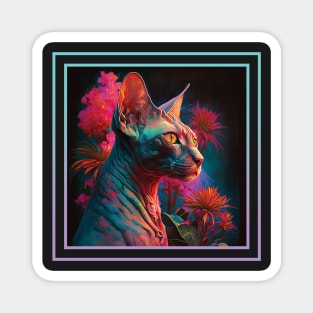 Sweet Sphynx Cat Vibrant Tropical Flower Digital Oil Painting Portrait Magnet