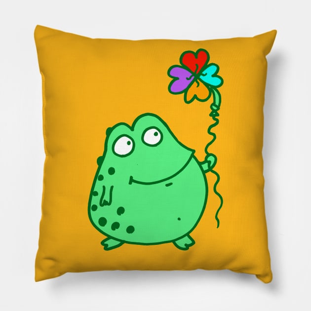 Frog holding rainbow clover balloon! Pillow by witterworks