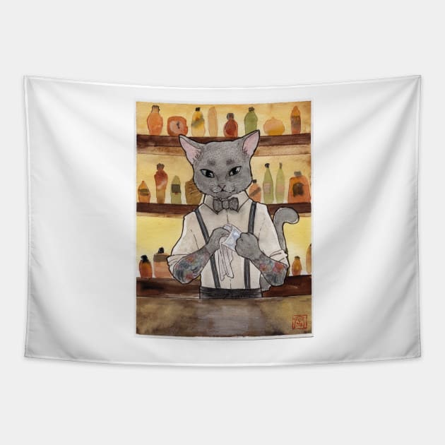 Bartender Cat Takeshi Tapestry by aMIYAKOm