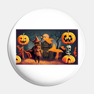 A Cartoon Scarecrow Surrounded by Pumpkins Pin