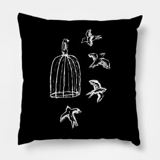 Birds flying around a cage Pillow