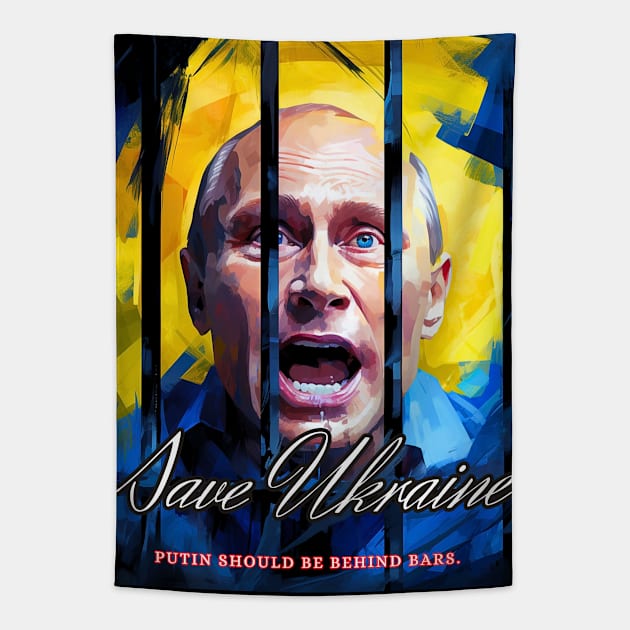 Putin is afraid and screaming in prison behind bars. Play in blue and yellow colors Tapestry by Yurii