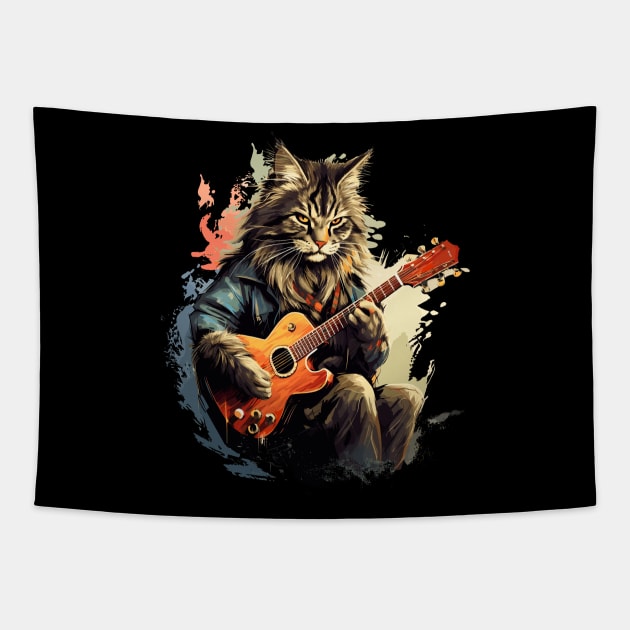 Maine Coon Cat Playing Guitar Tapestry by Graceful Designs