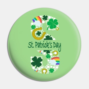 St. Patrick's Day Word Art Monogram in Green, Gold and White Pin