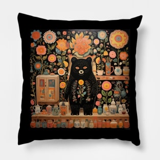 Surrealistic Folk Art Dark Floral Motif Bear Design Pillow