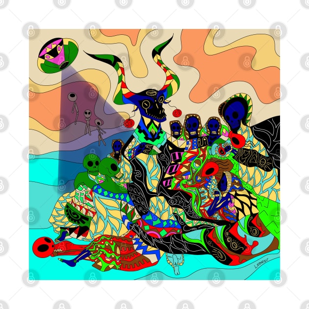 the goat monster with witches magical painting ecopop art by jorge_lebeau