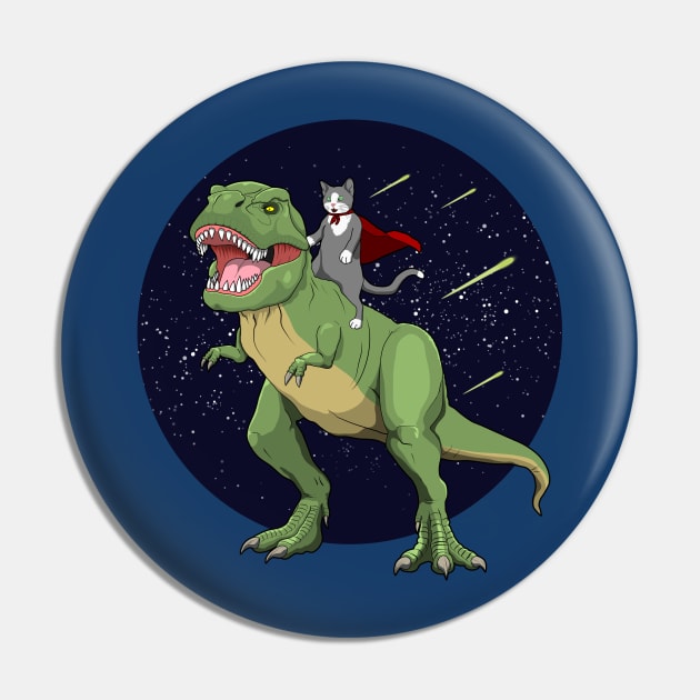 Hero Cat Riding T-Rex Dinosaur Cosmic Pin by RongWay