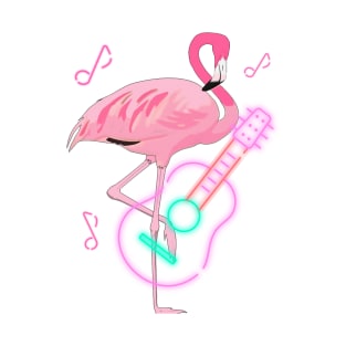 Flamingo Retro Neon Guitar Music T-Shirt