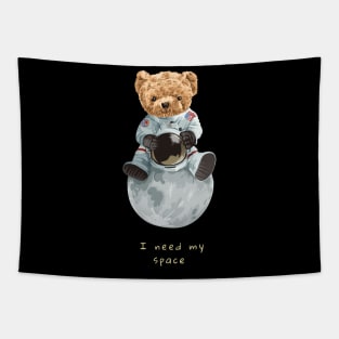 cute bear toy in astronaut costume sitting on the moon illustration Tapestry