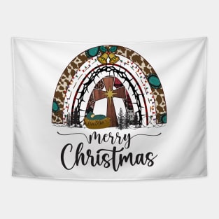 Merry Christmas Nativity Scene Rainbow Tapestry