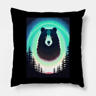 Nighttime Forest Bears - beautiful abstract painting of kawaii cute bears in a colorful night forest, outdoor nature anime cartoon style of rainbow color cyan, pink, red, blue, yellow, green. Pillow