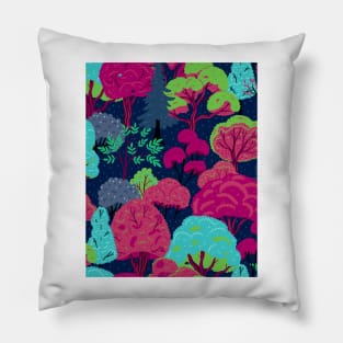 Magical forest, autumn print in fuchsia and electric light blue Pillow