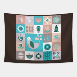 Scandinavian Soft Muted Midcentury Modern Birds And Flowers Tapestry