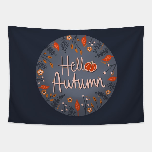 Hello Autumn! leafy autumn badge style illustration Tapestry by AlmightyClaire