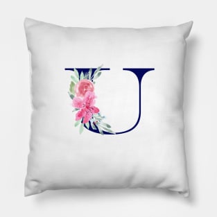 Watercolor Floral Letter U in Navy Pillow