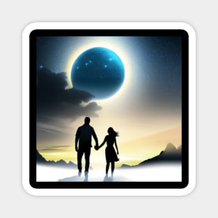 Valentine Wall Art -  Cosmic couple in the mist - Unique Valentine Fantasy Planet Landsape - Photo print, canvas, artboard print Magnet