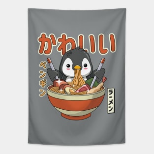 Kawaii Penguin Enjoying Ramen Tapestry