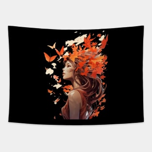 Girl With Butterflies And Leaves  in Her Hair Fall Girl Tapestry