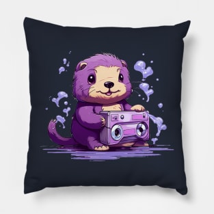 Cute sea otter listen music on the Purple tape cassette Pillow