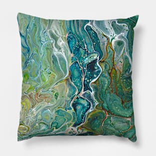 Poured acrylic paints green blues Pillow